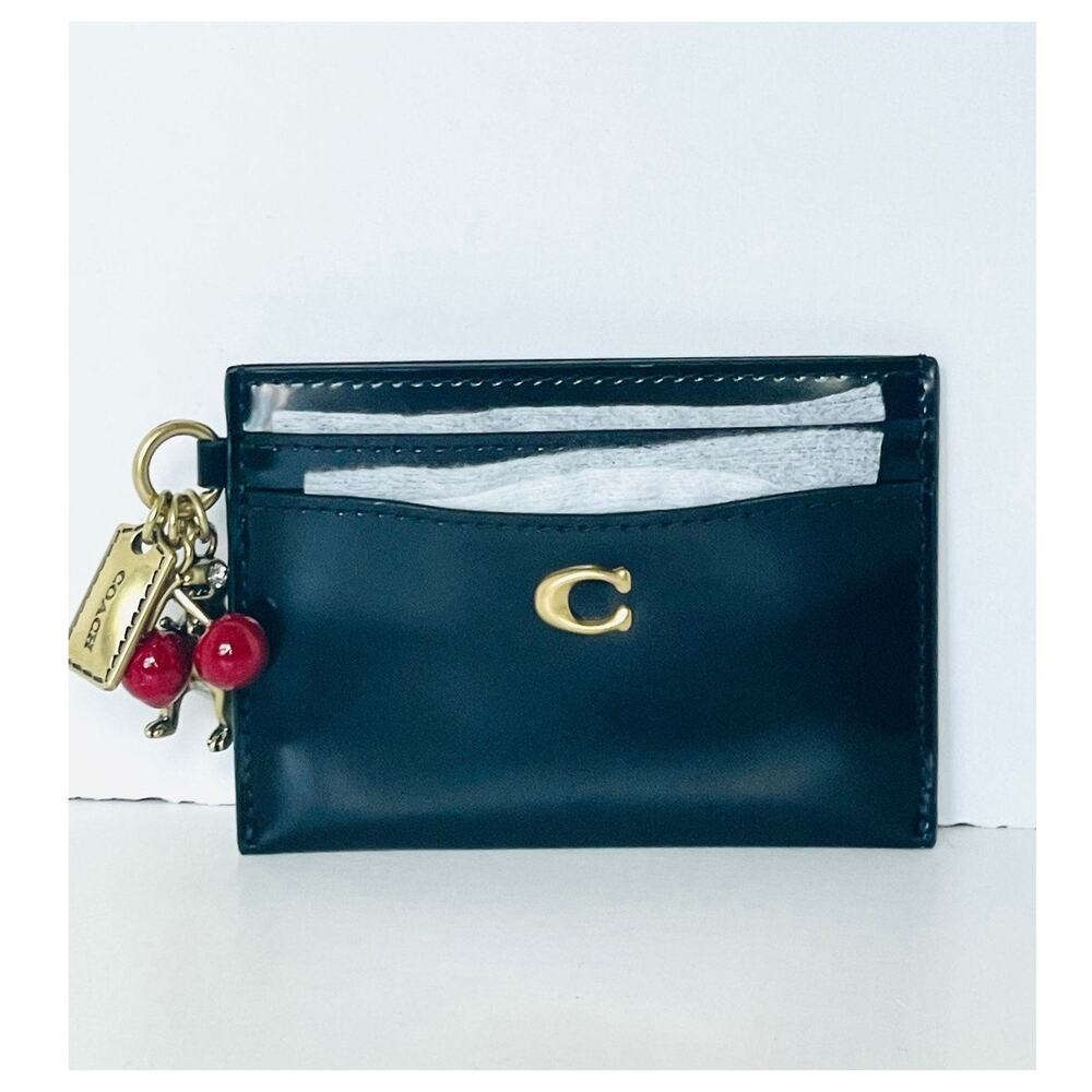 Coach Essential Card Case Black Spazzolato CCD81 Leather Rexy Cherry Charm - Picture 13 of 13